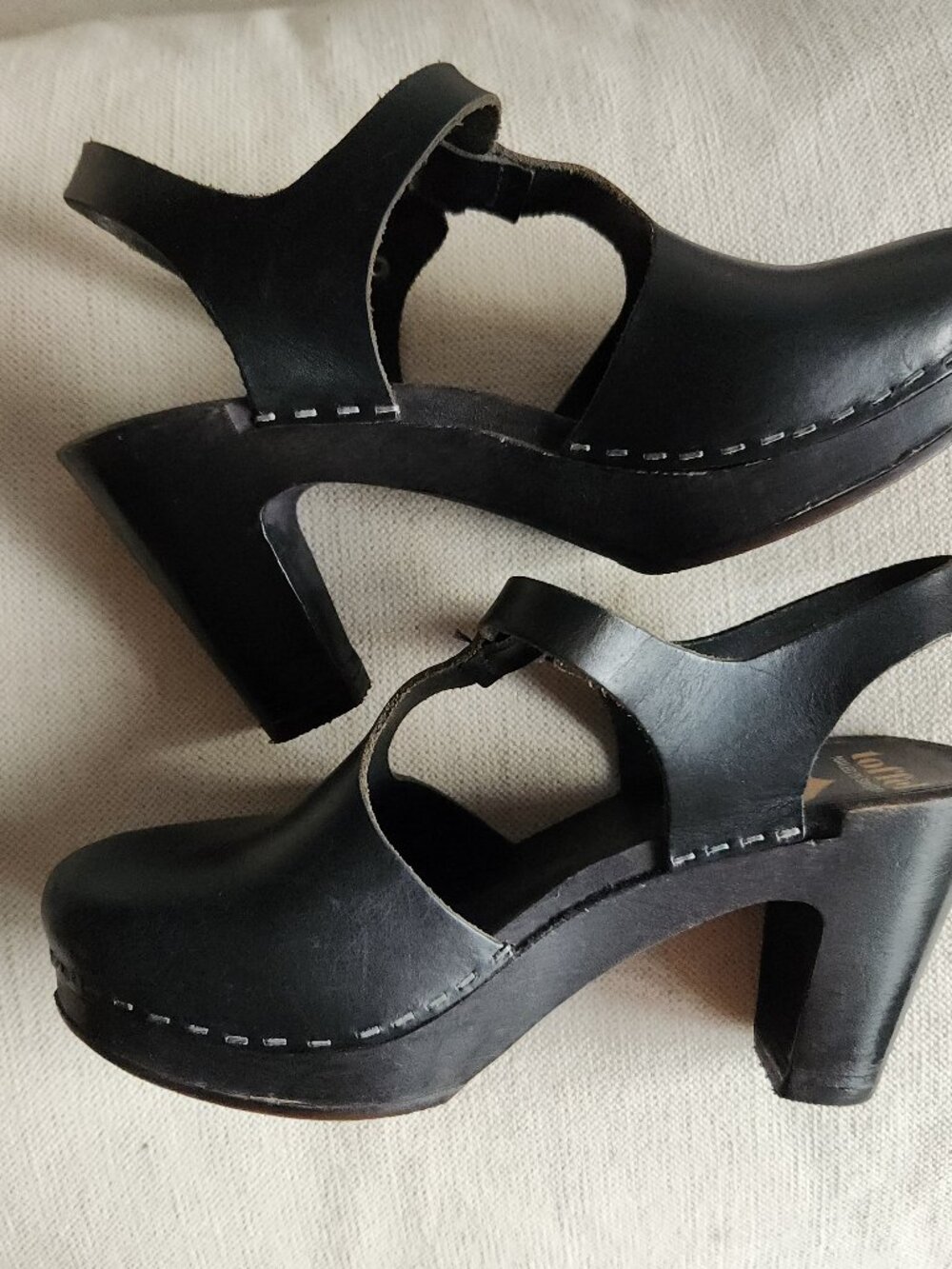 Swedish Hasbeens Black Leather Wooden Clogs - Sz EU 38 (approx. 7.5) - Picture 14 of 14